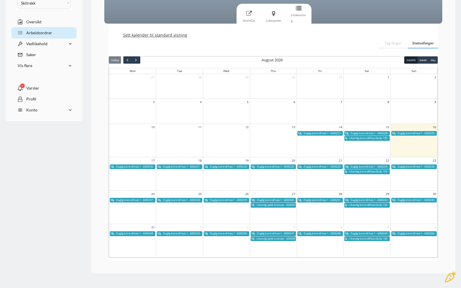 The calendar view of work orders, with status and tag colours