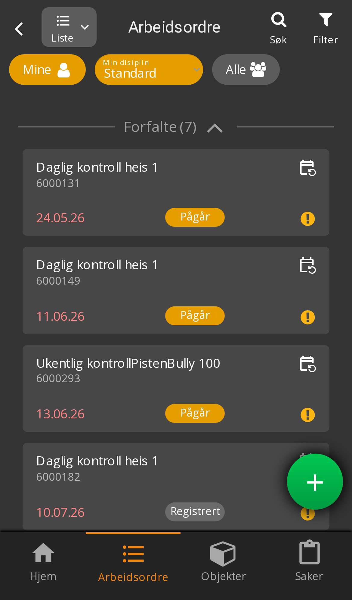 Arbeidsordrelista i appen, gruppert etter frist