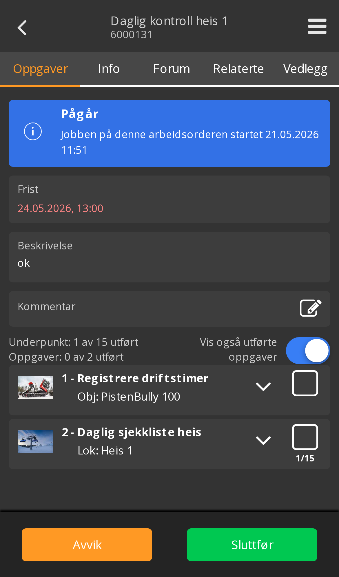 Arbeidsordre åpnet i mobilappen