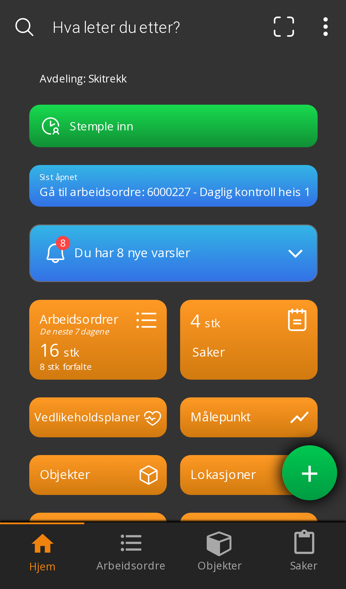 Forsiden i mobilappen med snarveier og tellere