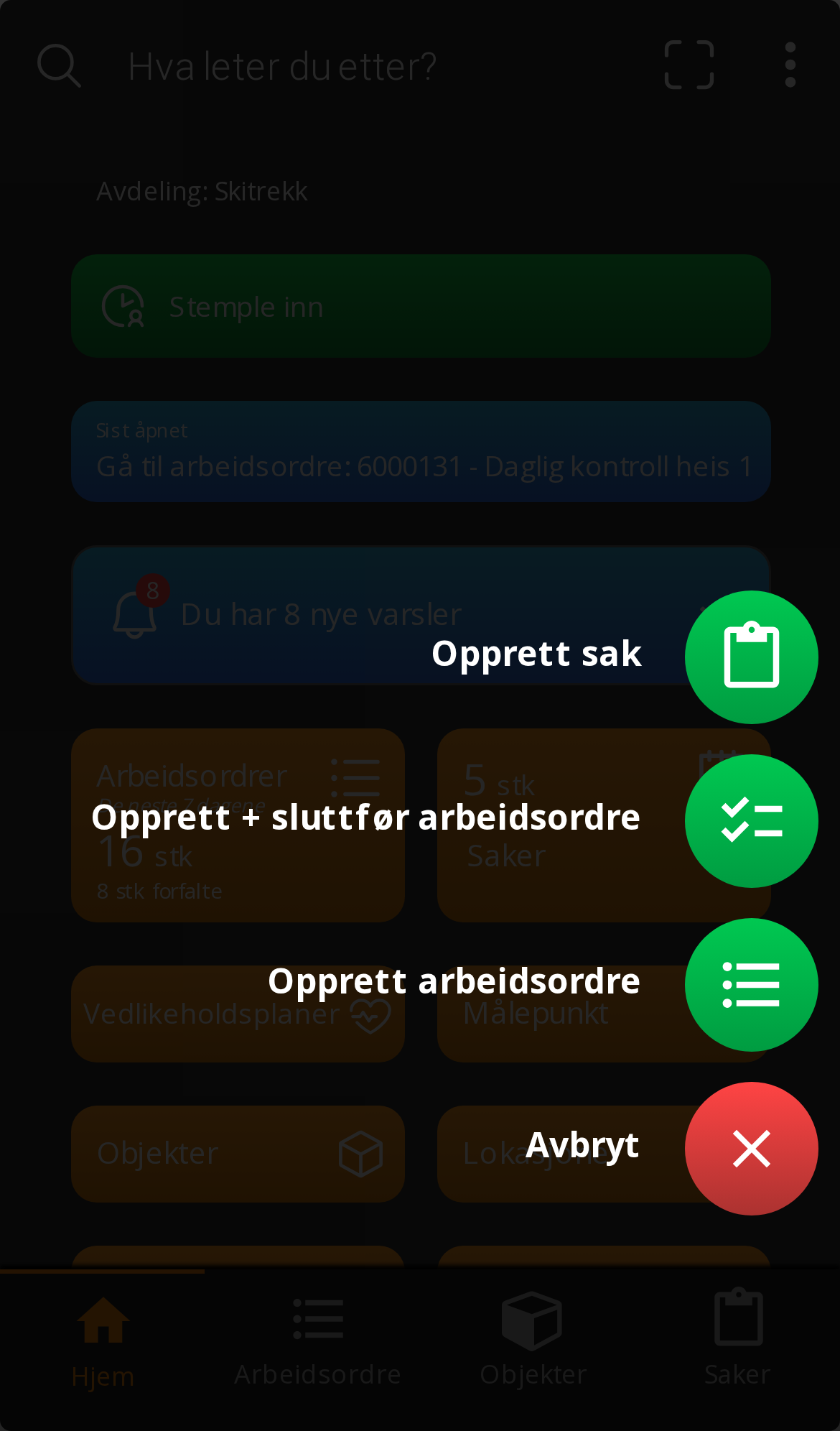 + menyen i appen, med Opprett sak øverst