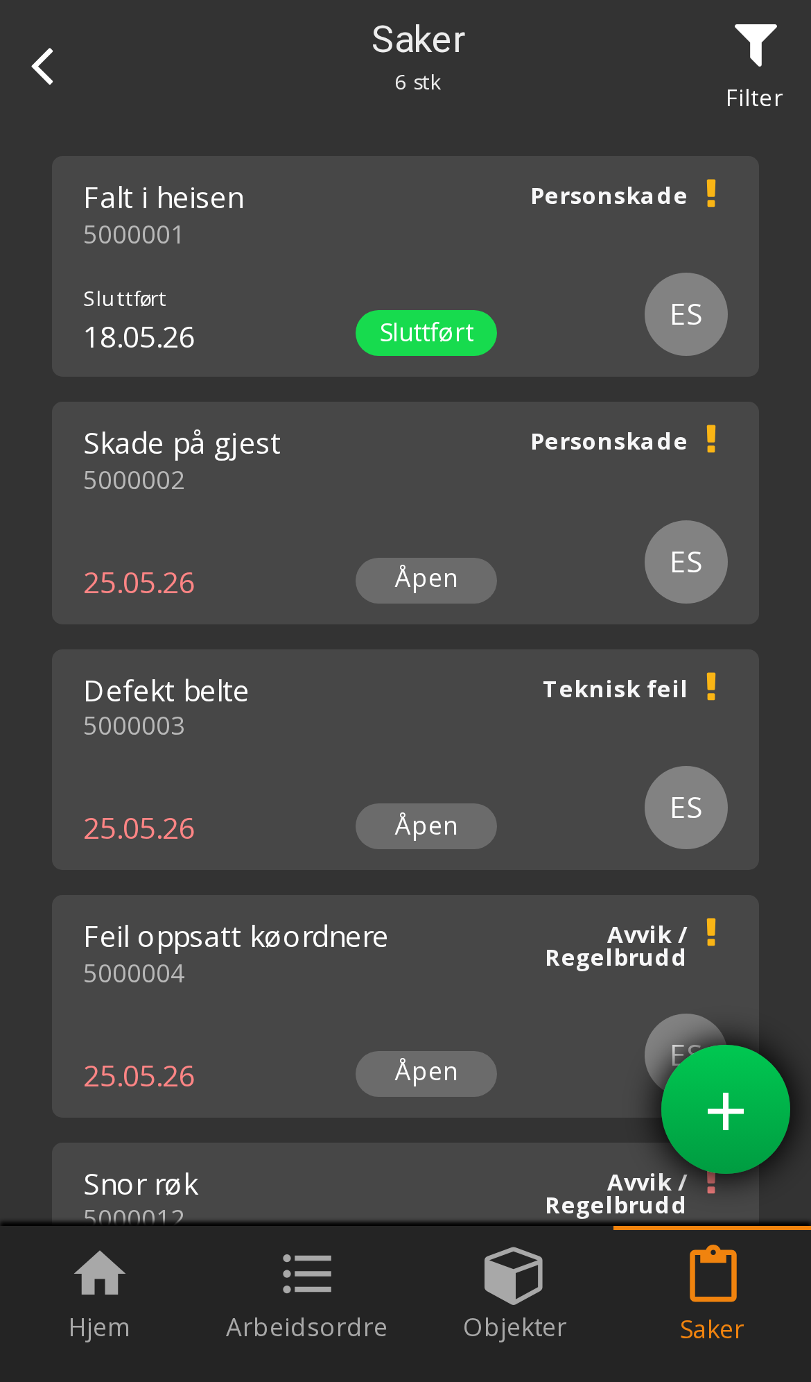 Sakslista i appen med sakstype, frist og status