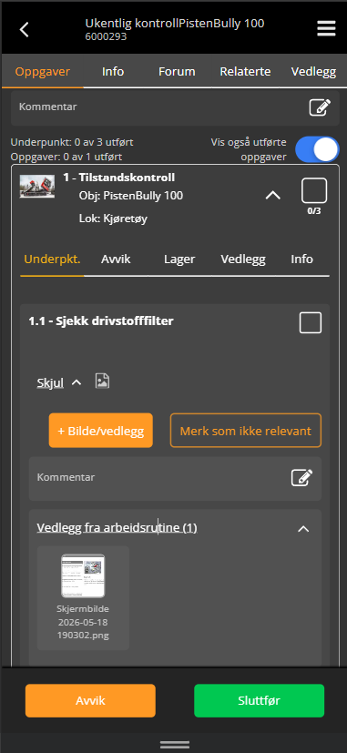 En sjekkliste-oppgave åpnet, med underpunkt, knapper og vedlegg