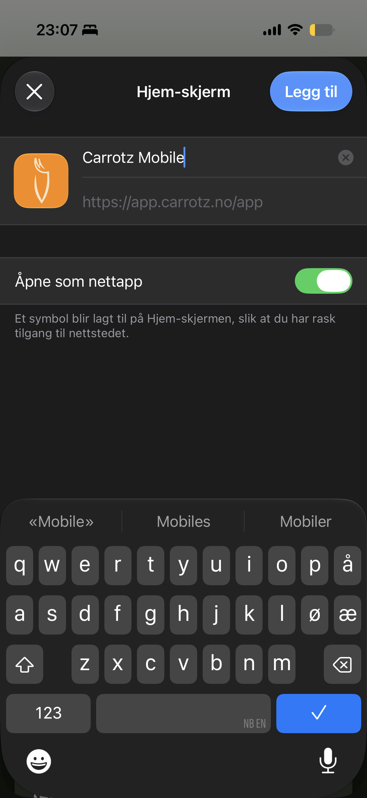 Bekreftelsesbildet med «Åpne som nettapp» slått på