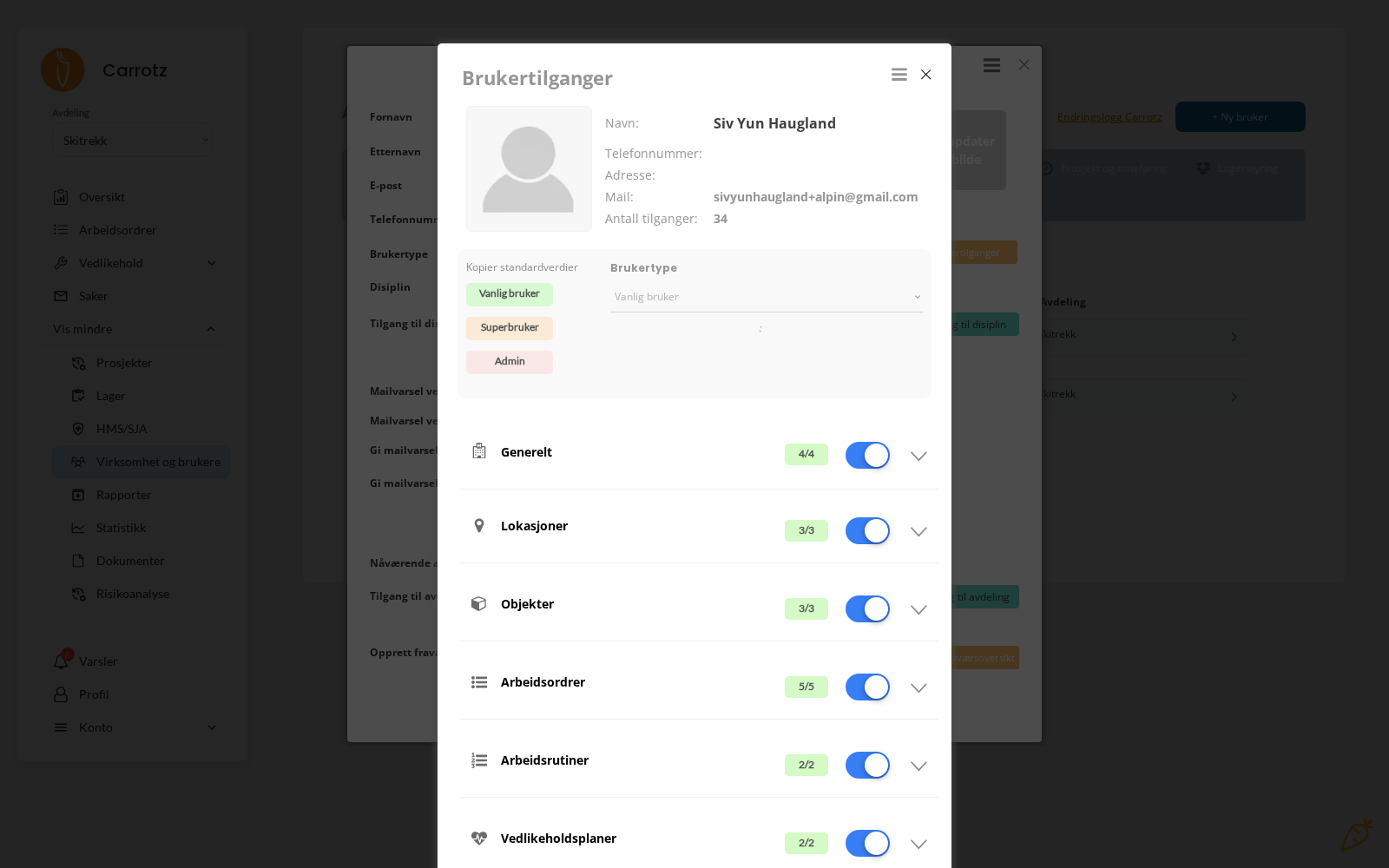 Oversikt over brukertilganger for én bruker
